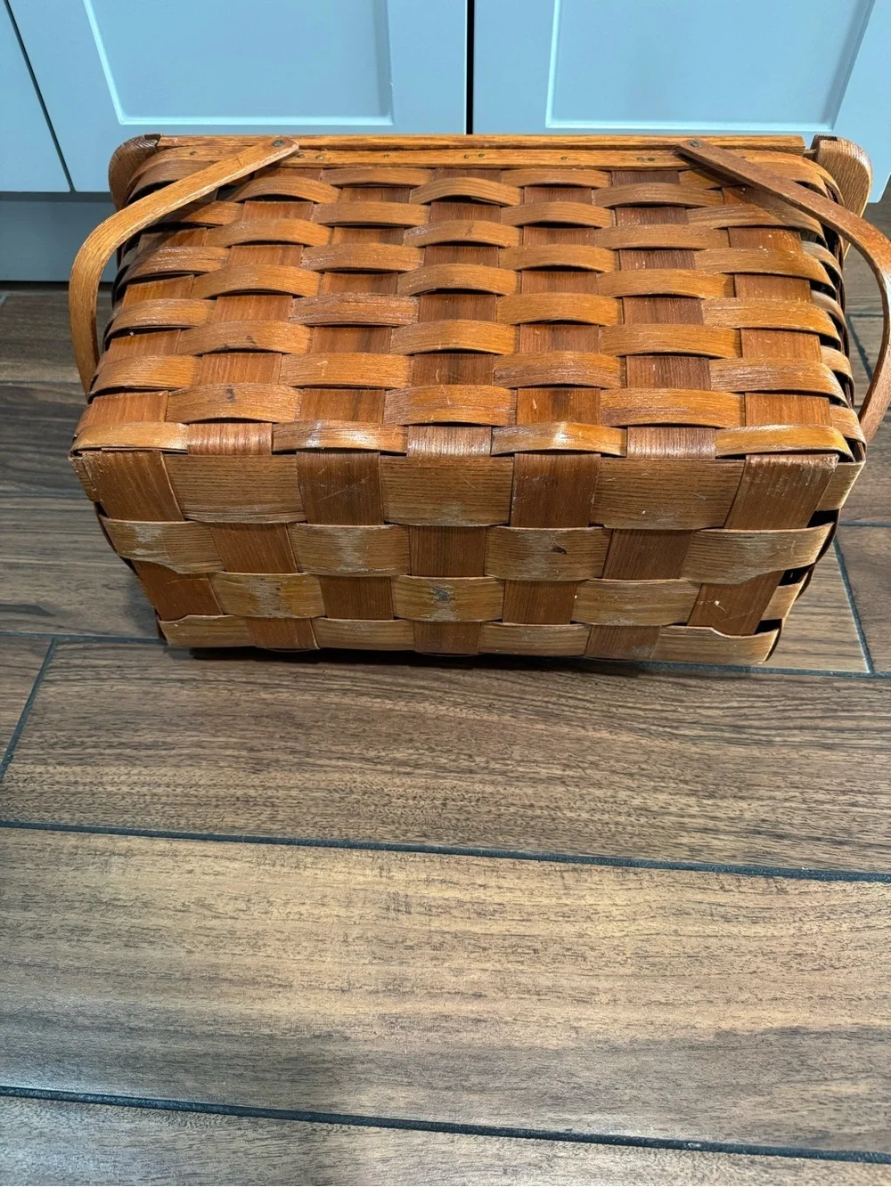 Mid Century Basketville woven oak Picnic Basket With Sliding Lid Doors brown